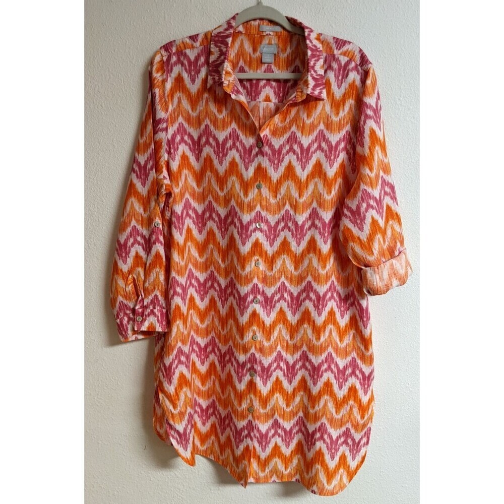 CHICO'S 100% Linen Multi-Colored Shirt Dress Swim Cover Roll-Tab Sleeves 3/16